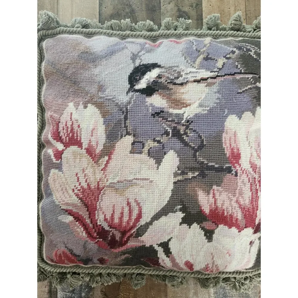 Vintage Chickadee Bird Magnolia Flowers Needlepoint Fringe Throw Pillow